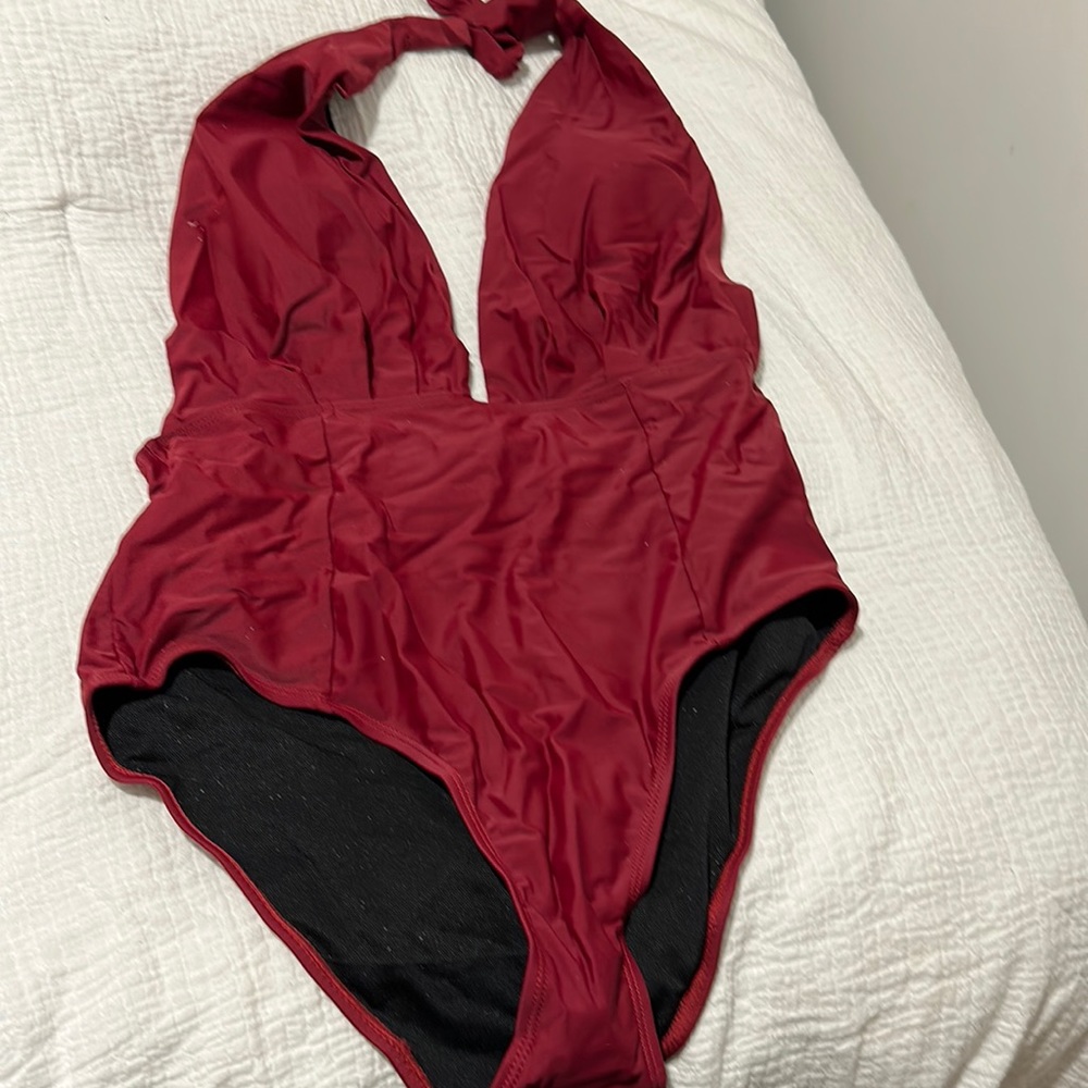 Red Deep V Halter One Piece Bathing Suit